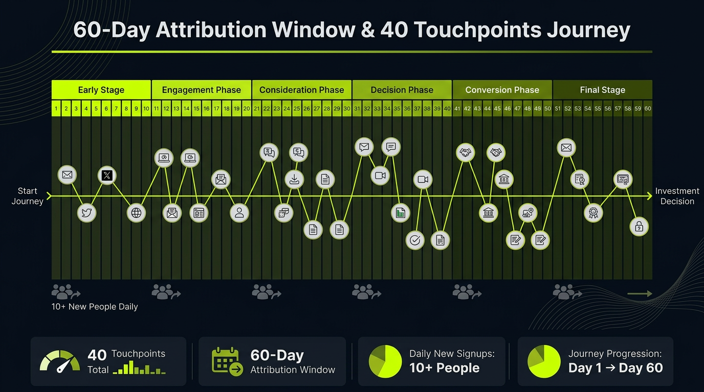 60-Day Attribution Window and 40 Touchpoints Journey — investor engagement timeline from first contact to investment decision