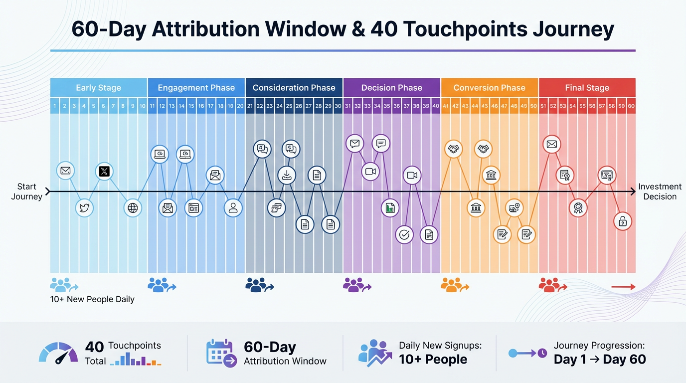 60-Day Attribution Window showing the investor journey from outreach through engagement, consideration, and commitment