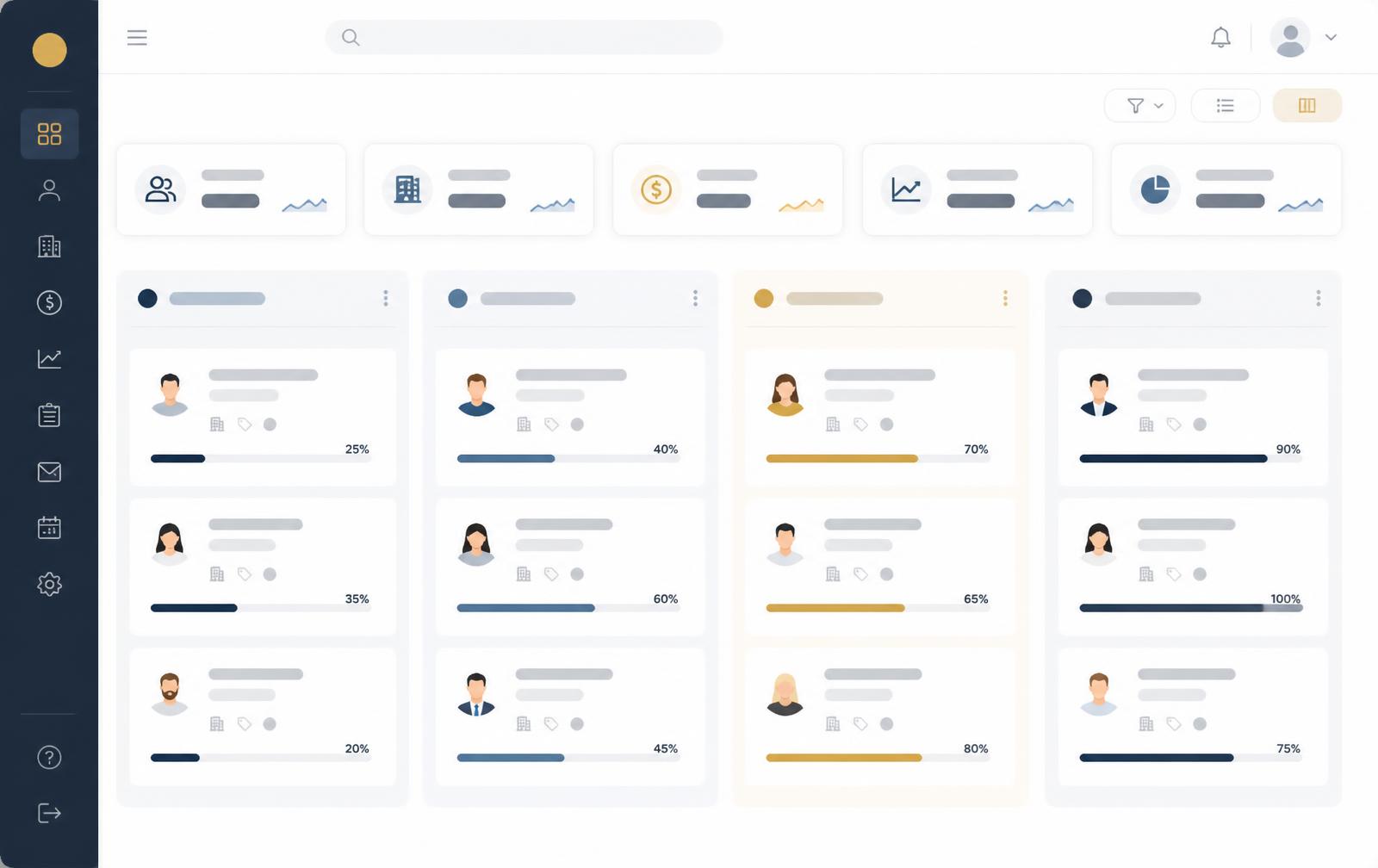 Investor pipeline dashboard with kanban stages, investor cards, progress bars, and summary metrics