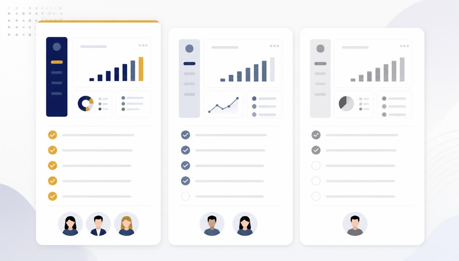 Side-by-side comparison of three investor relations platforms showing pipeline dashboards, feature checklists, and team members