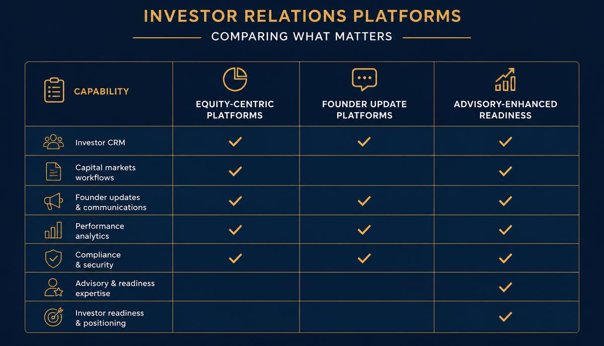 Founder reviewing investor relations platform features for early-stage startup reporting